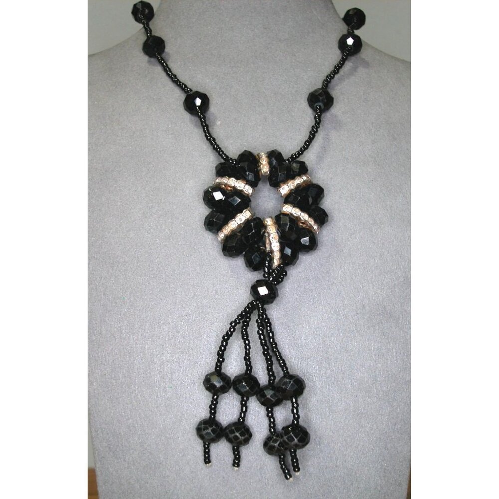 Black Faceted Beaded Necklace /Rhinestone Accents/ 22" Long 4" Pendant